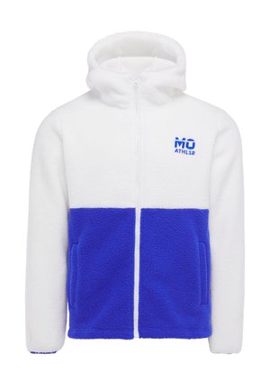 Weiß-blaue Fleecejacke mit Kapuze, durchgehendem Frontreißverschluss, zwei Fronttaschen und blauem "MO ATHLSR" Logo auf der Brust.