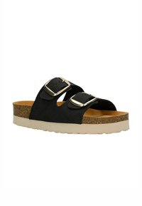 Sandalo slide in suede nero con due cinturini regolabili e fibbie in metallo, soletta in sughero e suola in gomma testurizzata di colore chiaro.