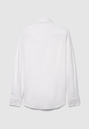 Weißes Langarmhemd mit klassischem Kragen, Knopfmanschetten und glatter, einfarbiger Stoffstruktur sowie geradem Rückenteil.