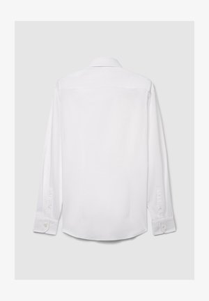 Weißes Langarmhemd mit klassischem Kragen, Knopfmanschetten und glatter, einfarbiger Stoffstruktur sowie geradem Rückenteil.
