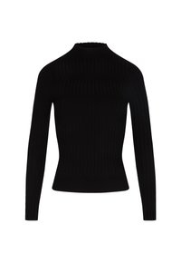 Schwarzer, gerippter Pullover mit langen Ärmeln, Stehkragen und taillierter Passform.