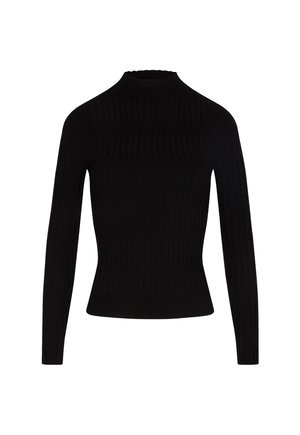 Suéter negro de manga larga con canalé, cuello simulado y cintura ajustada.