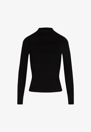 Suéter negro de manga larga con canalé, cuello simulado y cintura ajustada.