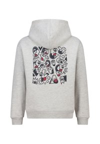 Hoodie gris avec un imprimé graphique noir et rouge représentant des visages et des formes abstraits au dos. Fabriqué en tissu doux et texturé avec une capuche.
