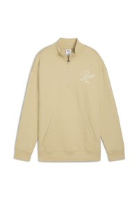 Lys beige zip-up sweatshirt med høj krave, frontlomme og hvid Puma-logo. Fremstillet af blødt bomuldsblandet stof.