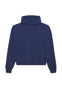 Marineblå hettegenser laget av fleece-materiale, med en frontlomme av kangaroo-type, ribbede mansjetter og en avslappet passform med snor i hette.