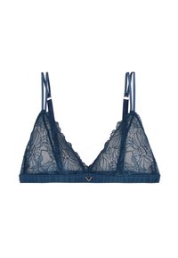 Brassière en dentelle bleu marine avec un motif floral, bonnets en maille douce, bretelles satinées réglables et un accent décoratif en or au centre devant.