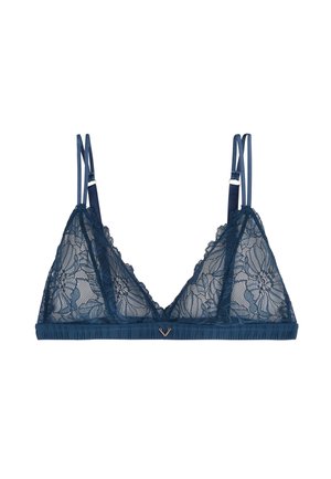 Brassière en dentelle bleu marine avec un motif floral, bonnets en maille douce, bretelles satinées réglables et un accent décoratif en or au centre devant.