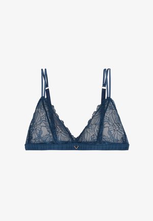 Brassière en dentelle bleu marine avec un motif floral, bonnets en maille douce, bretelles satinées réglables et un accent décoratif en or au centre devant.
