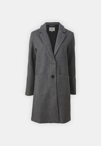 Dlouhý tmavě šedý vlněný kabát s klopovým límcem, dvěma černými knoflíky a předními náplety, vystavený na bílém pozadí.