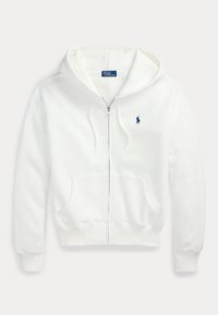 White zip-up hoodie with front pockets, drawstring hood, ribbed cuffs, and a small blue Polo Ralph Lauren logo on the left chest.