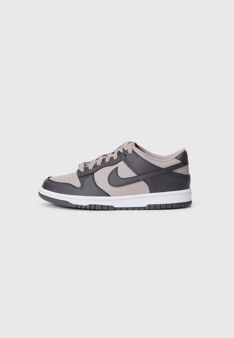 Sneaker Nike Dunk Low z dwu-tonowym szarym skórzanym wierzchem, perforowanym noskiem, białą podeszwą środkową i jasnoszarymi sznurowadłami.