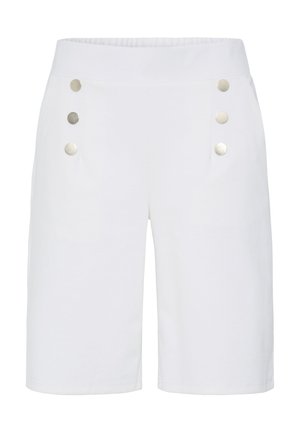 Pantaloncini bianchi fino al ginocchio con fascia elastica in vita e due file verticali di tre bottoni argentati vicino ai fianchi su ogni lato.