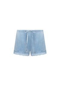 Shorts bleu clair en tissu doux avec une taille élastique, un cordon en satin et une finition en dentelle au niveau de l'ourlet.