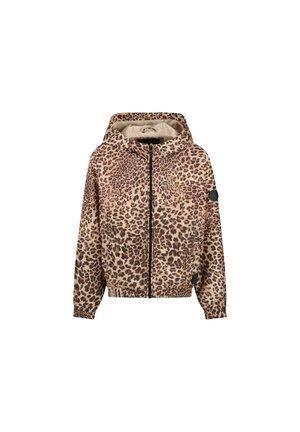 Jasje met luipaardprint van lichtgewicht stof, met een capuchon, ritssluiting aan de voorkant en elastische manchetten. Neutrale tinten met donkere accenten.