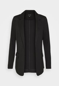 Musta bleiseri, joka on valmistettu pehmeästä kankaasta ja jossa on yksinappinen kiinnitys, kaksi etutaskua ja uurrettu lapel-muotoilu. Klassinen, istuva malli.