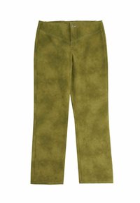 Oliwkowe, teksturowane spodnie z wysokim stanem, kieszeniami z przodu oraz zapięciem na zamek. Szczegóły przeszycia wzdłuż szwów. Prostą nogawka.