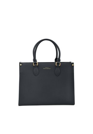 Sac fourre-tout en cuir noir avec double poignées, forme rectangulaire, finition texturée, accents en matériel doré et branding en relief.