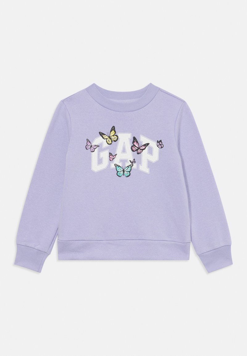 Sweat-shirt lilas avec "GAP" en blanc, orné de papillons brodés en rose, jaune et bleu. Manches longues, poignets côtelés.