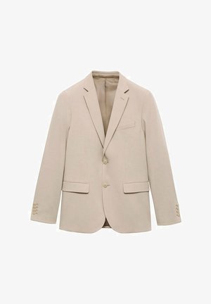 Beige räätälöity bleiseri, jossa on viistetyt läpät, kaksi etutaskua ja kaksi nappia. Mukana on viisi nappia jokaisessa hihassa ja sileä rakenne.
