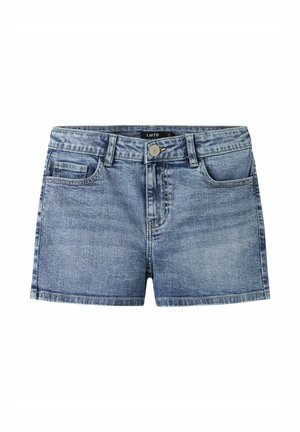 Hellblaue Denim-Shorts mit Frontknopf, Reißverschluss, Gürtelschlaufen und drei Vordertaschen, mit LMTD Größe 104 gekennzeichnet.