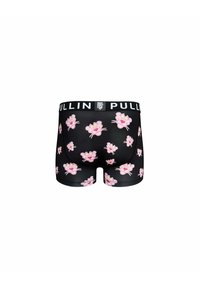 Boxers noirs pour hommes avec un motif ludique de visages de chats roses. Dotés d'une ceinture élastique de marque et d'un matériau lisse et extensible.