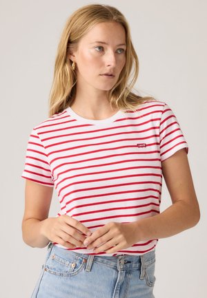 Rot-weiß gestreiftes Kurzarm-T-Shirt mit Rundhalsausschnitt und kleinem Levi's-Logo auf der Brust, hergestellt aus weichem Baumwollstoff.