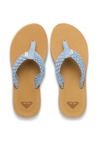 Μπλε πλεγμένες υφασμάτινες λουρίδες, ταμπά συνθετική σόλα, επίπεδος σχεδιασμός, υφασμένη επιφάνεια πέλματος, με λογότυπο ανάγλυφο στη σόλα σε σχήμα καρδιάς.