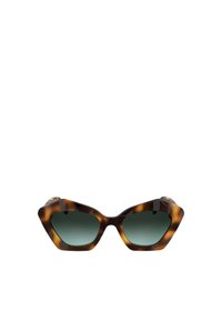 Okulary przeciwsłoneczne w kształcie kocich oczu z oprawką w tortoiseshell, gradientowymi zielonymi soczewkami, kanciastym designem i subtelnymi zdobieniami po bokach.