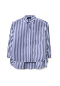 Blauw en wit gestreept overhemd met knopen, een kraag, een voorzak en een langere achterzoom. Gemaakt van lichte stof met een gladde textuur.