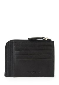 Cartera de cuero negro con cierre de cremallera, múltiples ranuras para tarjetas y protección RFID. Presenta una textura suave y un diseño minimalista.