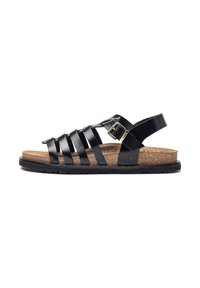 Sandalia de cuero negro con múltiples correas, plantilla de corcho, suela de goma negra y un hebilla de oro ajustable en el lateral.