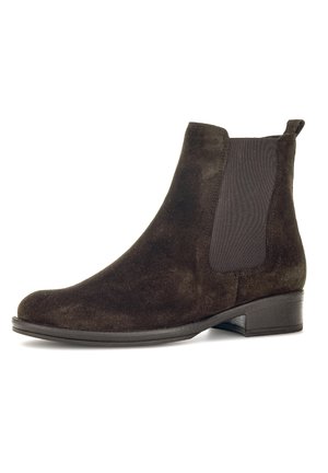 Brown suede ankle boots featuring elastic side panels, a rounded toe, and a low stacked heel. Smooth texture and minimalist design.