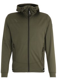 Giacca verde oliva con chiusura con zip, cappuccio e due tasche laterali. Caratterizzata da una trama liscia e un sottile motivo orizzontale sul petto.