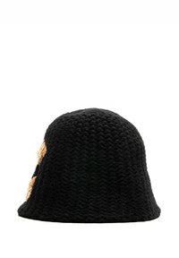 Gorro de cubo negro tejido con superficie texturizada, que presenta un patrón en contraste de crema y marrón en un lado. Forma de corona redondeada.