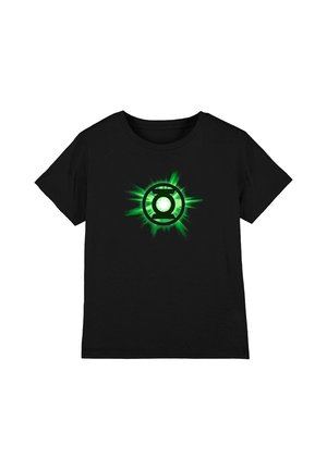 Black short-sleeve t-shirt with a glowing green Green Lantern symbol centered on the front.