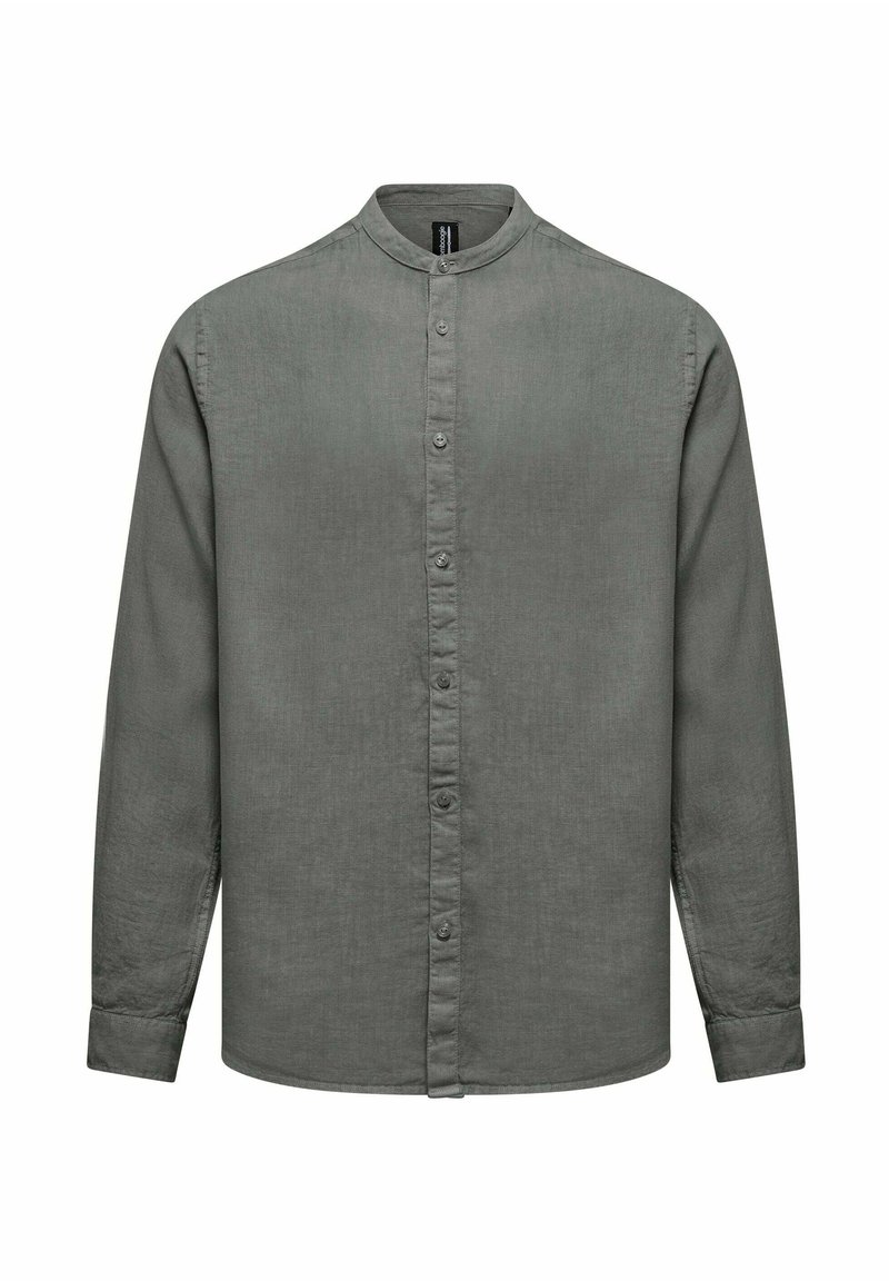 Lange mouwen shirt in een gedempte grijstint, met een bandkraag, sluiting met knoop aan de voorkant en een zachte, gestructureerde stofafwerking.