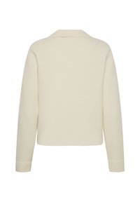 Pull en maille à manches longues couleur crème avec col plat et poignets côtelés, vu de dos.