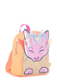 Zaino arancione e rosa, con un design di faccia di gatto luccicante e dettagli di farfalle e stelle, texture con paillettes lucide.