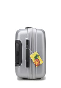 Silver hard-shell suitcase with textured surface, black handle, zipper, and a colorful pineapple tag attached. Compact, rectangular shape.