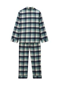 Ensemble de pyjama à carreaux comprenant un haut à manches longues et un pantalon assorti. Les couleurs incluent le vert foncé, le bleu marine, le vert clair et la crème. Texture douce.