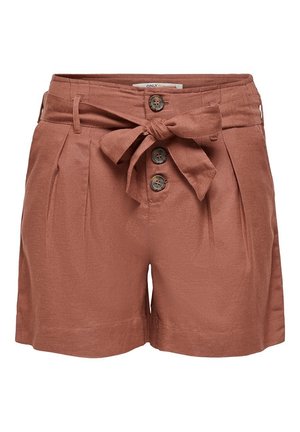 Pantalones cortos de tiro alto color óxido con botones delanteros, cinturón de tela anudado en un lazo y pliegues a cada lado.