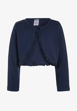 Navyblauwe geknipte cardigan van zachte stof, met lange mouwen en een prachtige ruffle langs de rand, vastgemaakt met een striksluiting.
