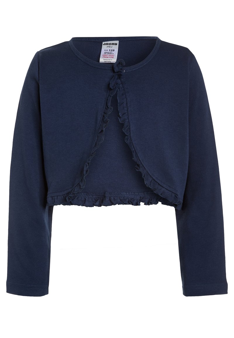 Cardigan corto blu navy realizzato in tessuto morbido, con maniche lunghe e una balza frontale lungo il bordo, fissata con una chiusura a legaccio.