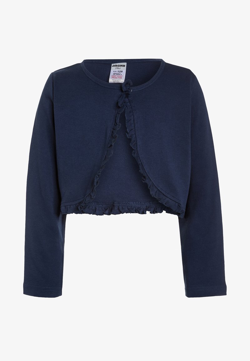 Tamsiai mėlynas trumpas kardiganas, pagamintas iš minkštos medžiagos, su ilgomis rankovėmis ir priekiu papuoštu volanu, užsegamas rišamu užtrauktuku.