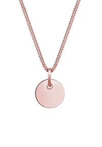 Ruusu kultainen riipuskaulakoru, jossa on sileä, pyöreä riipus. Siinä on ohut, toisiinsa linkitetty ketju ja yksinkertainen pyöreä tunnus.