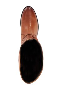 Bottine en cuir marron avec un bout arrondi, finition lisse et doublure intérieure noire douce. La tige est légèrement froncée.