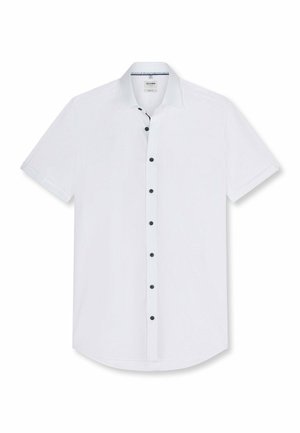 Chemise blanche à manches courtes avec boutons noirs et col classique, présentée à plat sur fond blanc.
