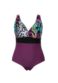 Badpak met een levendig, multicolor slangenhuidpatroon bovenaan en zwarte horizontale strepen onderaan. V-hals ontwerp, gevoerde cups.