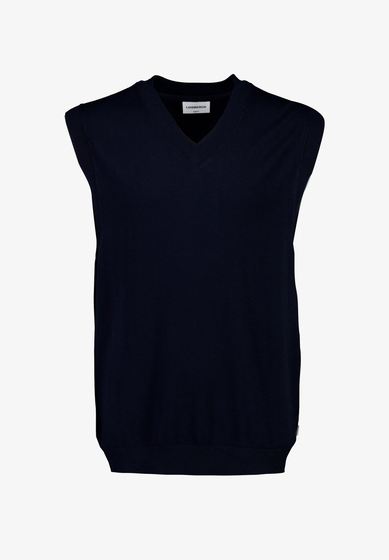 Granatowa, bezrękawnikowa dzianinowa kamizelka z dekoltem w szpic i prążkowanymi krawędziami, oznaczona jako Lindbergh slim fit.